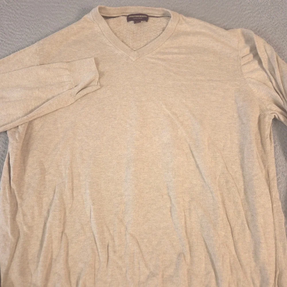 Johnston & Murphy Sweater Mens XXL Beige 100% Pima Cotton V-Neck Pullover Knit